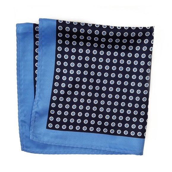 NEW - 100% Silk Pocket Square - Baby Blue & Navy Polka Dots - Picture 4 of 4